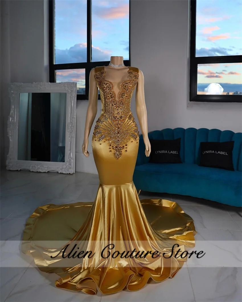 Women Prom Dresses Luxury Gold Mermaid Evening Dress Bead Crystal Diamonds Elegant Birthday Party Dresses Woman Prom Gown Customized