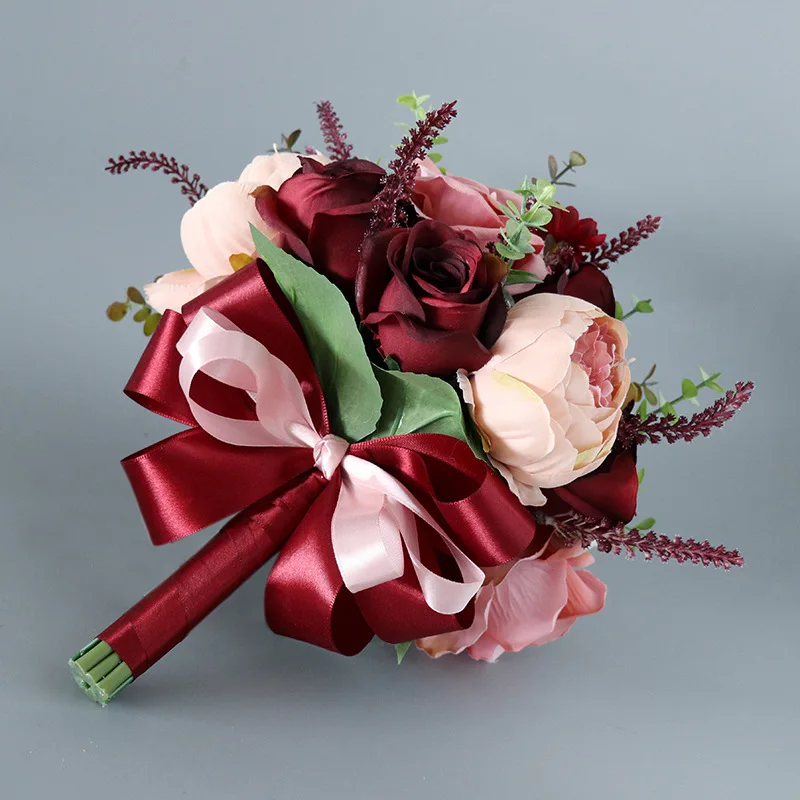 Burgundy Rose Flowers Artifical Bride Bouquet Bridesmaid bruidsboeket Bridal accessoires de mariage