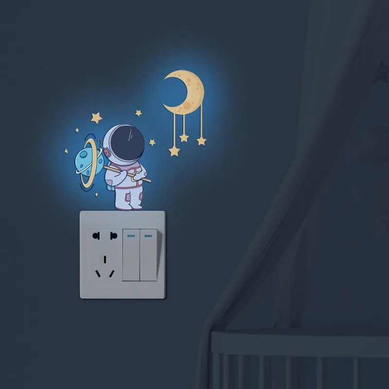 Luminous Astronaut Wall Stickers Kids Room Decor Glow In The Dark Planet Cartoon Cat Decals Fluorescent Rainbow for Home Switch luminous wall stickers fluorescent stickers