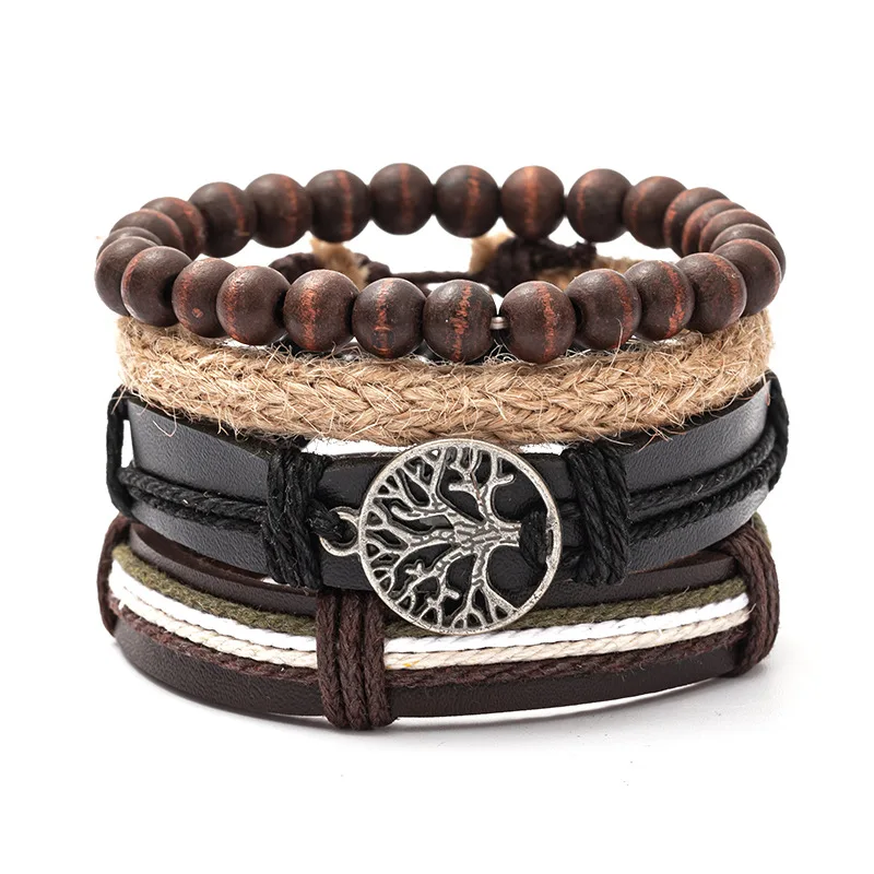4Pcs/ Set Braided Wrap Leather Bracelets for Men Vintage Life Tree Rudder  Charm Wood Beads Ethnic Tribal Wristband Rope Bracelet - AliExpress