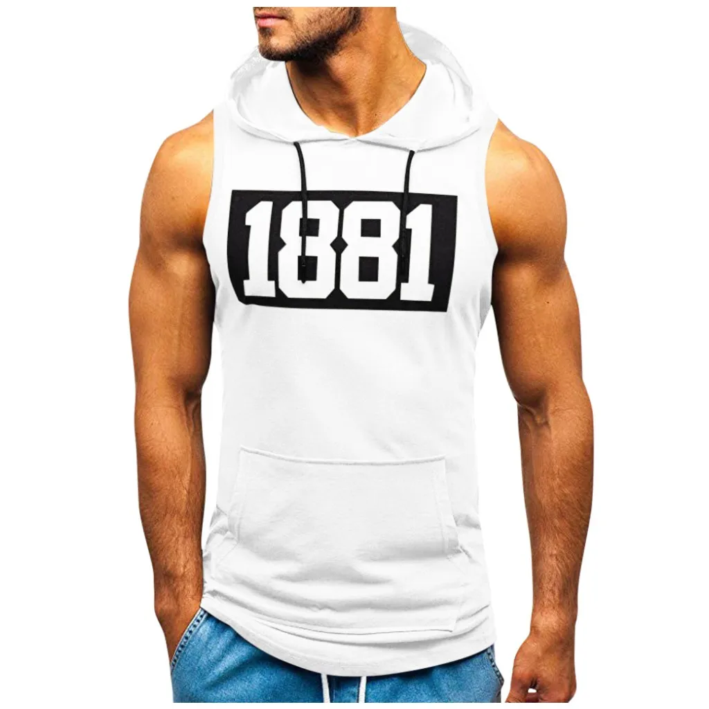 

Men Fitness Muscle Print Sleeveless Hooded Bodybuilding Pocket Tight-Drying Tops Camisas мужская одежда Tank Tops Shirt