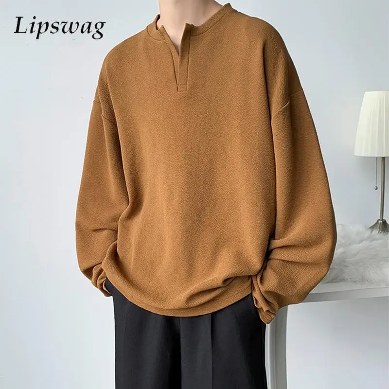 

Футболка мужская с длинным рукавом, свободная однотонная Повседневная рубашка, топ оверсайз с V-образным вырезом, Модный пуловер, уличная одежда, весна