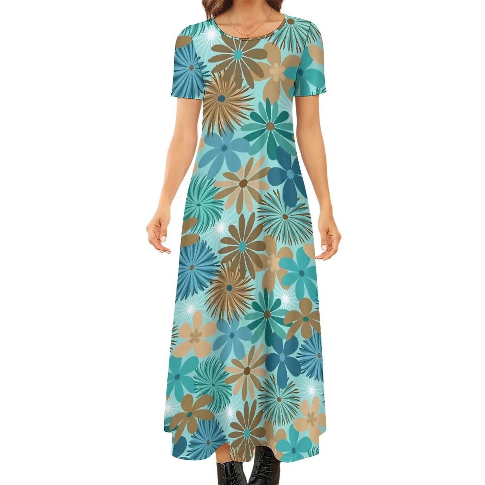 

Ditsy Floral Dress Blue and Brown Cute Maxi Dress Short Sleeve Fashion Bohemia Long Dresses Female Print Oversized Vestidos