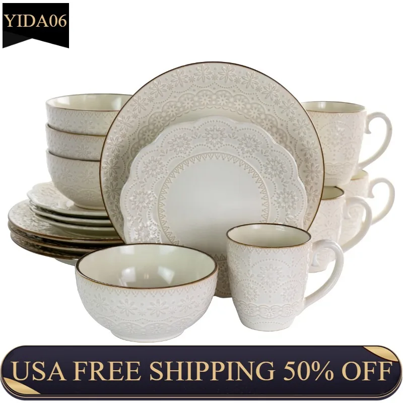 

Elama Contessa 16 Piece Embossed Scalloped Stoneware Dinnerware Set in Ivory dinner set