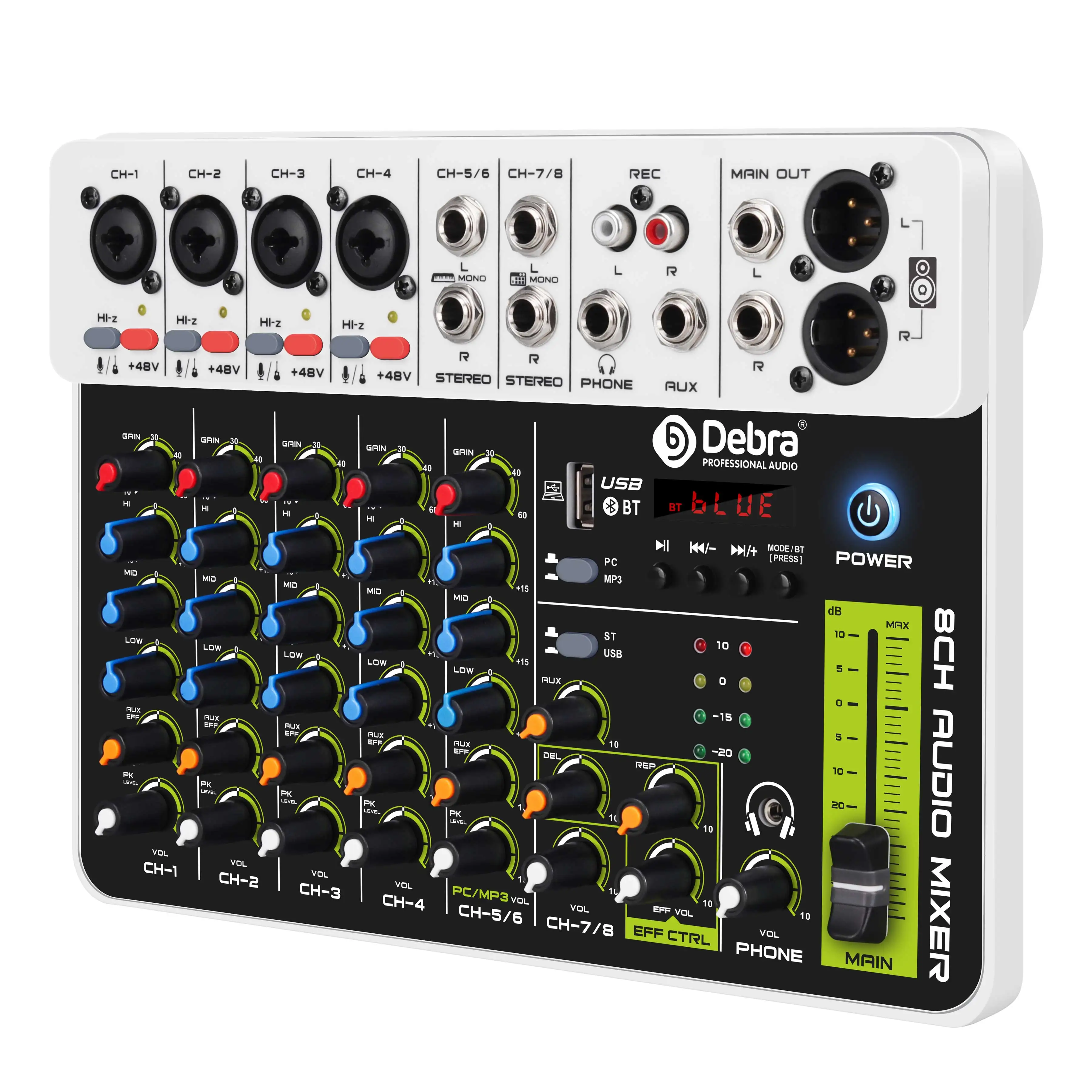 Debra V8 8 Channels Audio Mixer Bluetooth USB 48V Phantom Power Delay Repaeat Effect Sound Mixing Console PC Recording audio mixer