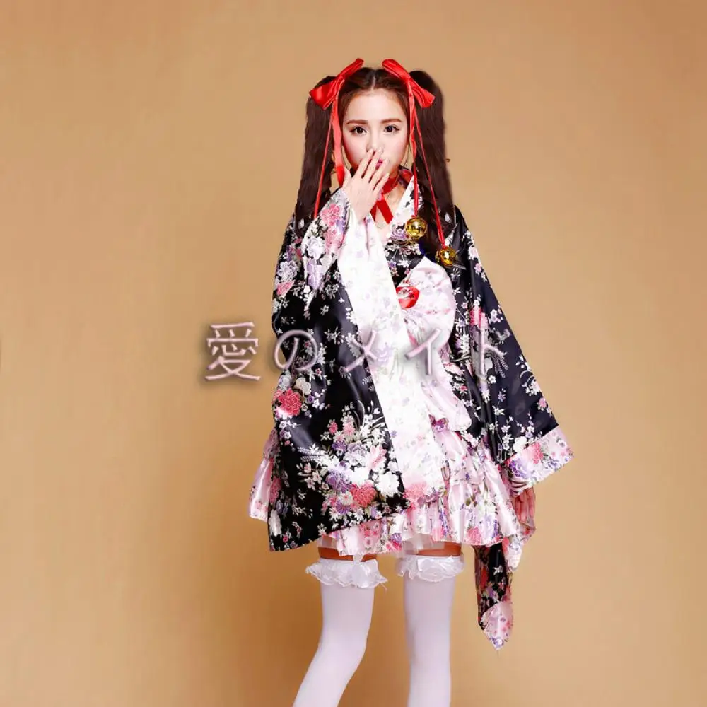

Kid Kawai Mini Dresses Sakura Printed Big Bowknot Bat Sleeves Kimono Girl Anime Cos Costume Maid Dress Princess Lolita 6Pcs Set