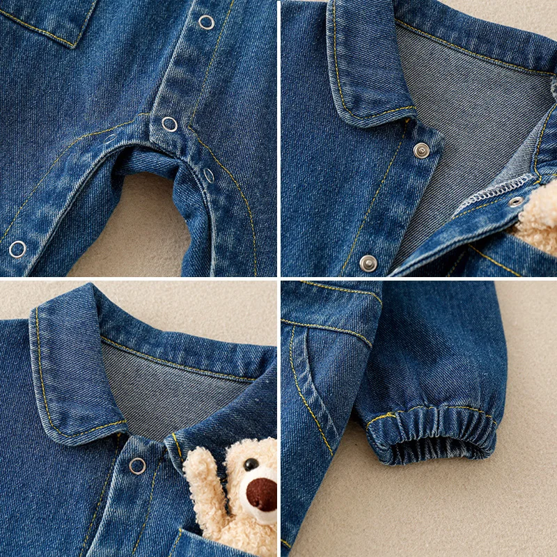Spring Denim Baby Jumpsuit Cartoon Pocket Bear Romper for Boys Girls Newborn Overalls Korean Style Onesie Autumn Kids Clothing 6
