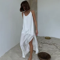 HiLoc Casual Loose White Long Dress Robe 2025 New Summer V Neck Dresses For Women Spring Sleeveless Straight Robes Nightgown