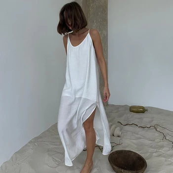 HiLoc Abito lungo bianco allentato casual Robe 2025 Nuovi abiti estivi con scollo a V per le donne Primavera senza maniche Vestaglie dritte Camicia da notte 1