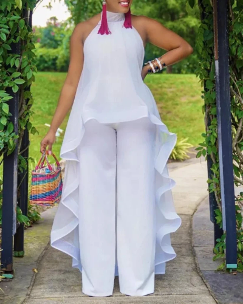 

Women Sexy White Pant Suit Halter Lace Up Backless long Top Dress And Wide Leg Trouser Sleeveless New Fashion Female 2 Piece Set
