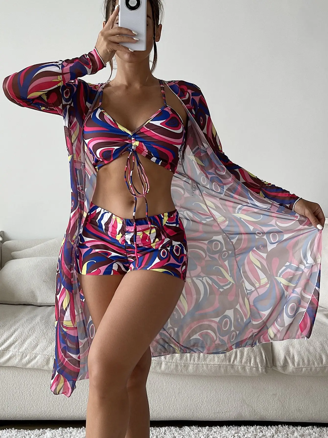 Swimwear Long Sleeve Printed Three Piece Set High Waist Bikini  Women Swimsuit Beach Style Bikini Sexy Bathing Suit Women