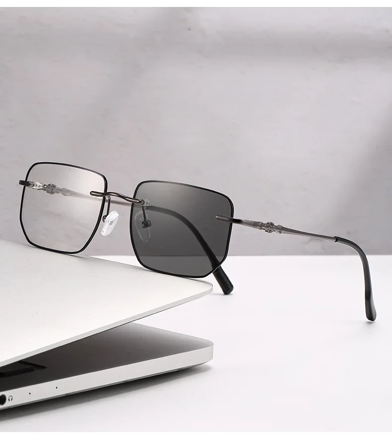 Lichtempfindliche, farbwechselnde, randgeschnittene, modische Anti-Blaulicht-Rahmenlose Metallrahmen-Myopiebrille für Seniorenstudenten 3325 – Detail 11