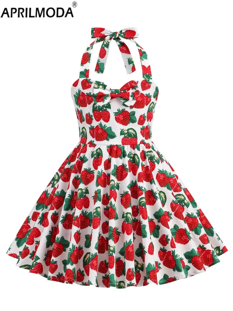 

Kids Swing Princess Party Dress Strawberry and Cherry Print Girl Vintage Dress Summer Children Cocktail Eevening Halter Dresses