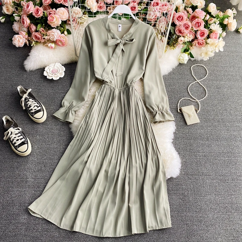 

Tulin Fashion Spring Summer Elegant Slim Pleated Long Women's Dress Solid Long Sleeve Vestidos Femme Fashion Beach Clothings
