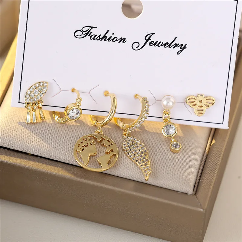 Cute 6pcs Female Bee Animal Angel Wing Hoop Earrings Set Female Gold Color Wedding Jewelry Gift