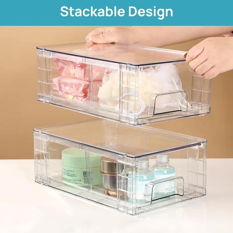 4 Pack Stackable Storage Drawers,Clear Acrylic Drawer Organizers with Handles, Easily Assemble for Fridge 4