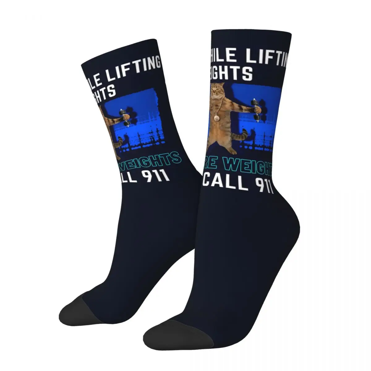 

Happy Men's compression Socks Weight Lifting Cat Tshirt GYM Retro Harajuku Lifting Cat Hip Hop Novelty Casual Crew Crazy Sock