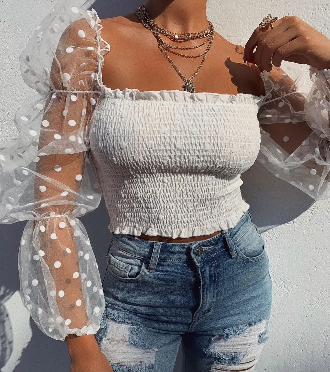 Women Mesh Sheer Blouse Chiffon See 