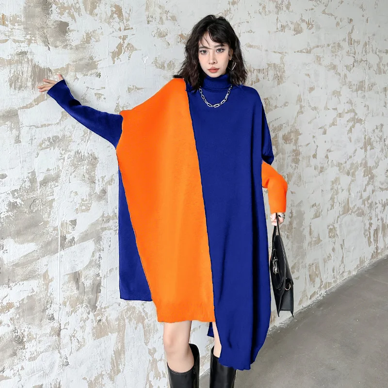 

Johnature Vintage Fashion Patchwork Hit Color Dresses For Women 2023 Winter New Turtleneck Loose Batwing Irregular Dresses