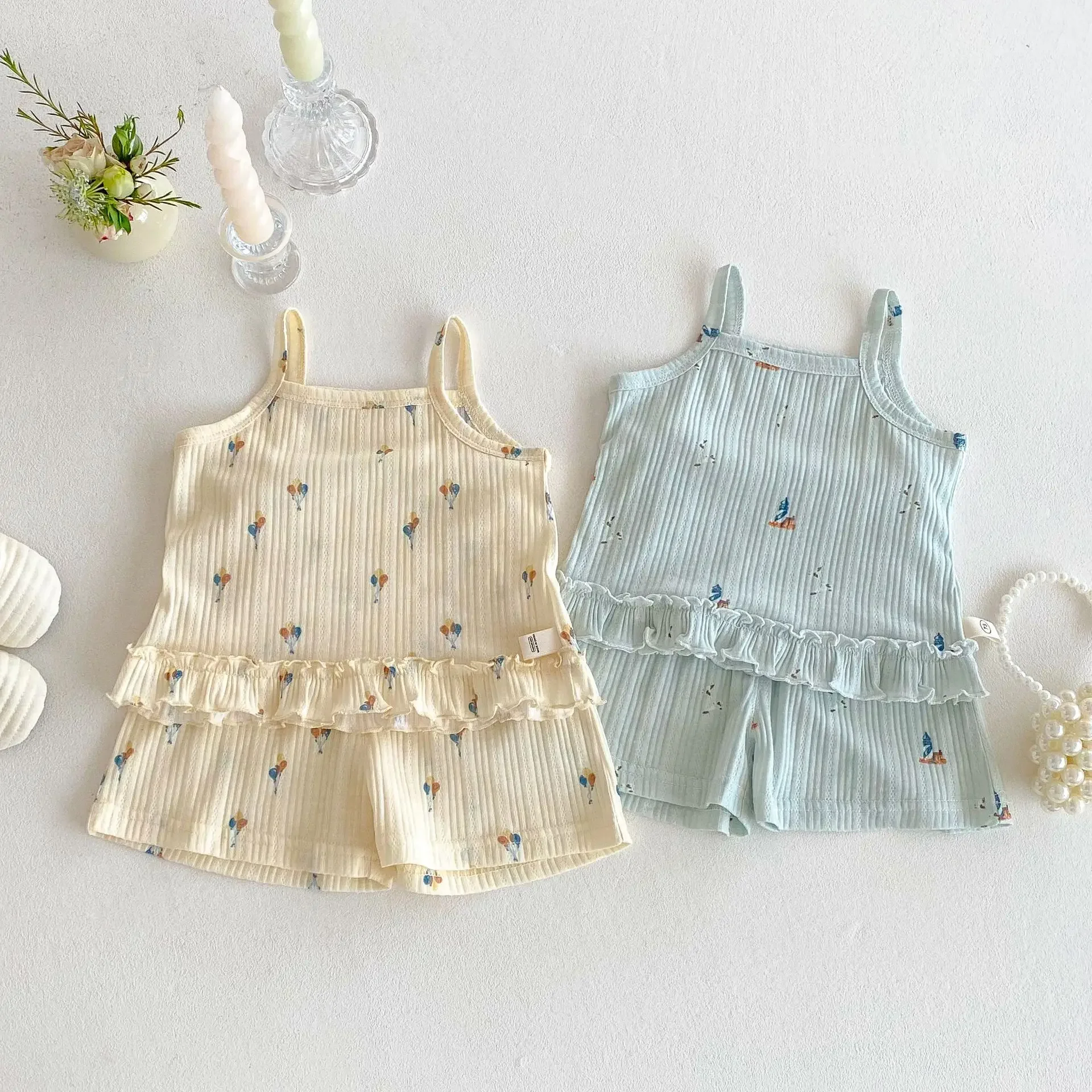 2025 Summer Baby Girls Clothing Set Camisole Tee And Shorts 2 PCs Suit Girls Ruffle Suit Kids Outfit