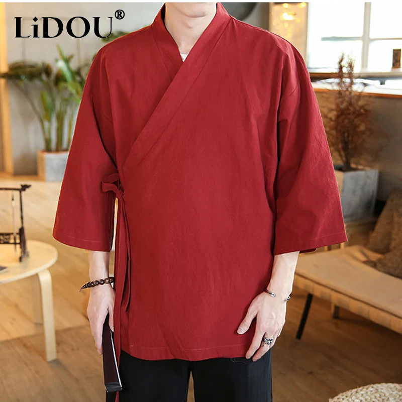 

Summer New Solid Color Three Quarter Slant Opening Lacing Shirt Man Chinese Style Vintage Cotton Hemp Ancient Style Tea Suit Top