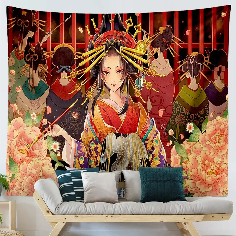 

Japanese Anime Tapestry Wall Hanging Japanese Style Hippie Cat Geisha Girl Room Decor Aesthetic Art Boho Dorm Home Decor Blanket