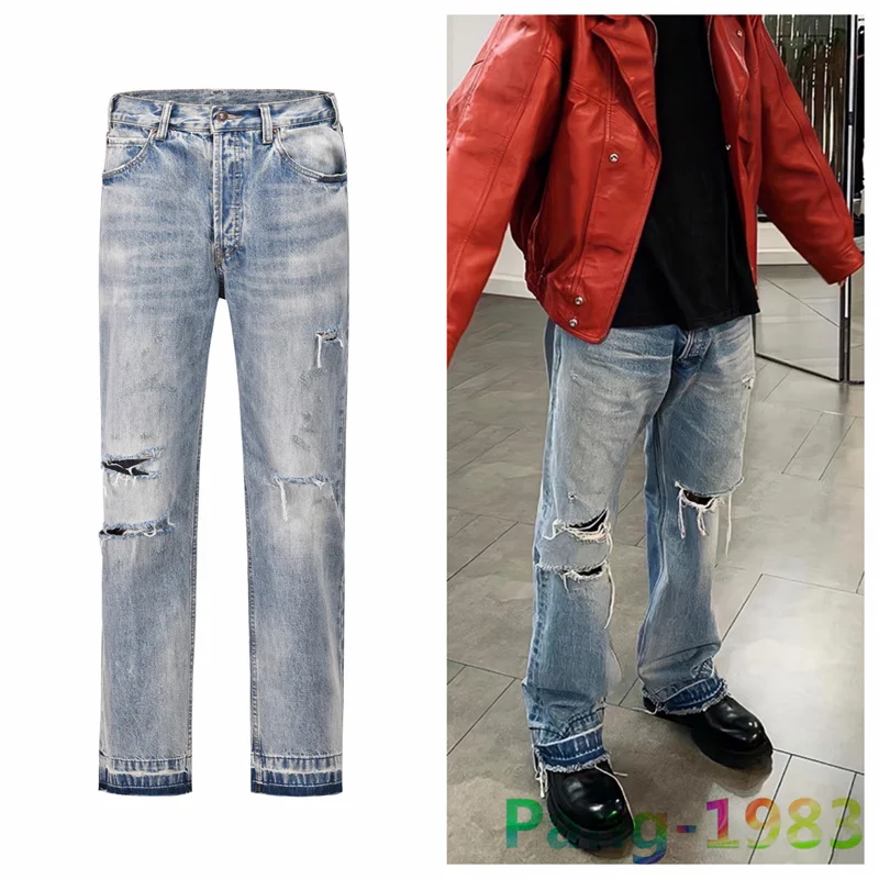 

Fashionable Dilapidated Design Jeans Men Women Blue Gray Versatile Jeans
