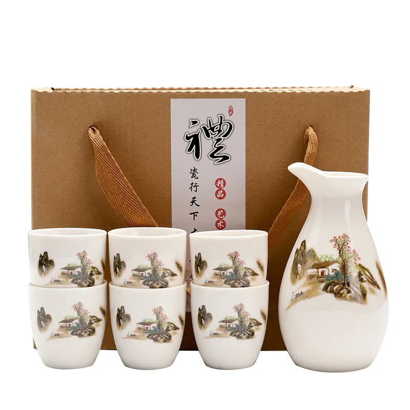 Japanese Sake Wine Warmer 1 Pot 6Cups Ceramic Wineware Cherry Blossom Pattern Sake Pot Yellow Wine Cup Elegant Gift