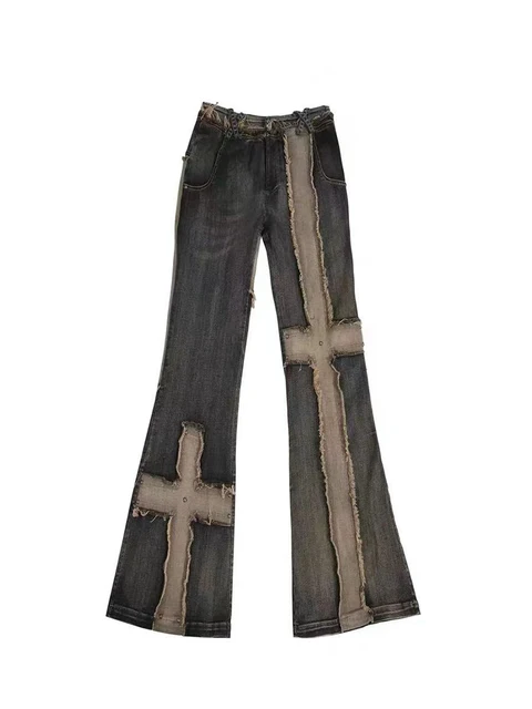 Y2K Flare Jeans Women Vintage Grunge Cross Patchwork Wide