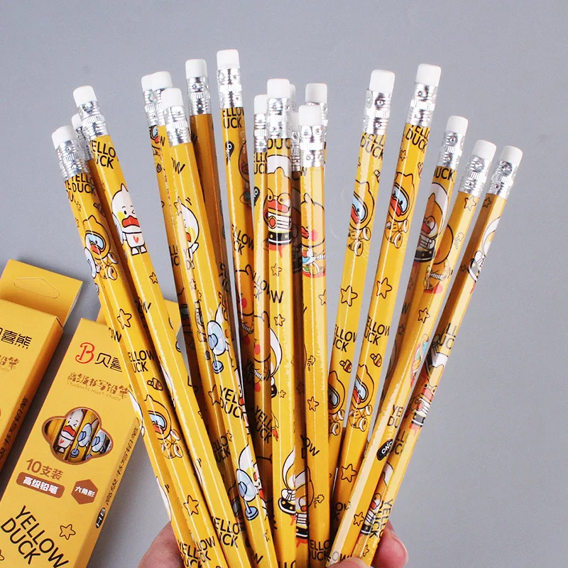 10Pcs/Set Cute Cartoon Yellow Duck HB Pencil Sketching Drawing Hexagonal Pencil Office School Suppiles Kawaii Stationery Gift 3
