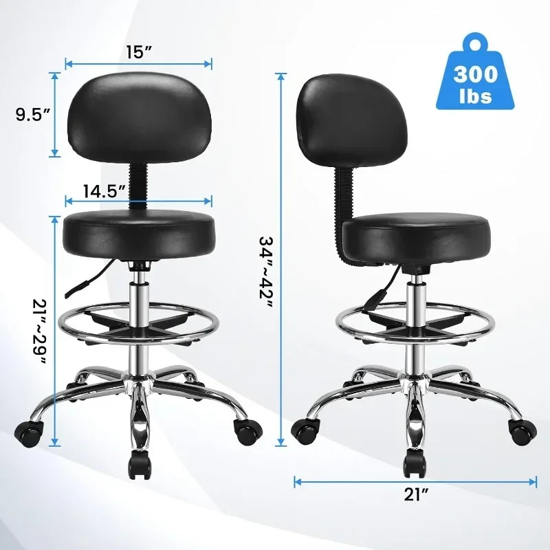 Ergonomic Rolling Stool with Backrest PU Leather Strap Adjustable Pedal Rotating Round Work Chair Office Bar Stool Lounge Chair