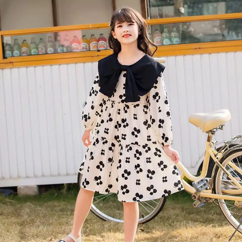 

5 7 9 10 12 14 Years Girl Casual Dress Spring Autumn Long Sleeve Floral Print Dresses Kids Children Outdoor Daily Dresses