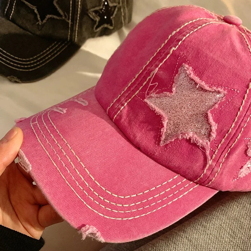Y2K Washed Denim Hole Baseball Cap Sun Hat For Women Men Star Cotton Ponytail Caps Fashion Hip Hop Vintage Snapback Hats Gorros 5