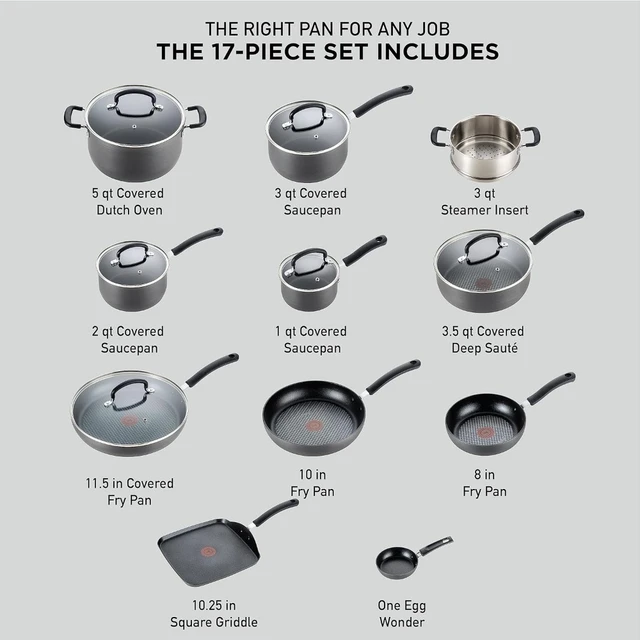 T-fal All In One Hard Anodized Nonstick Cookware Set 12 Piece Pots and  Pans, Dishwasher Safe Black