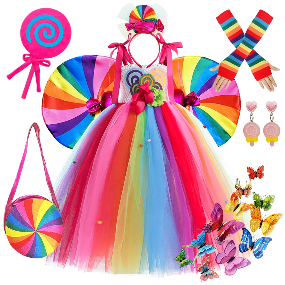 

Детские костюмы для девочек Lollipop, милая Радужная пачка, конфетные платья, Пурим, фестиваль, карнавал, яркое бальное платье, детская одежда принцессы