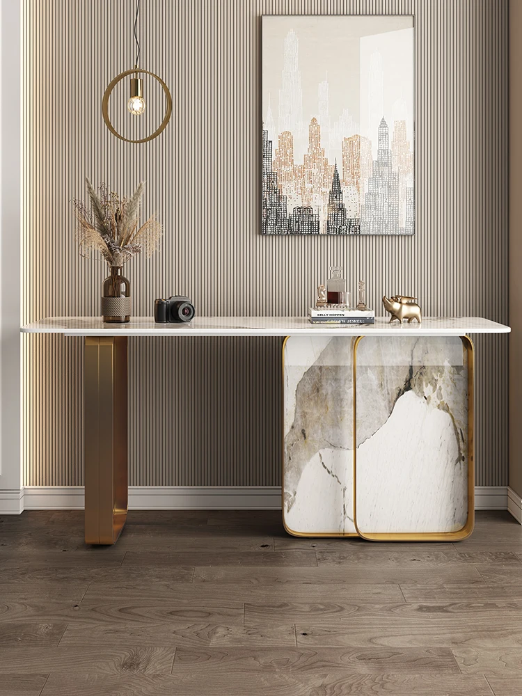 

Postmodern light luxury rock board porch platform model tenant hall furniture stainless steel entry porch table for Buddha platf