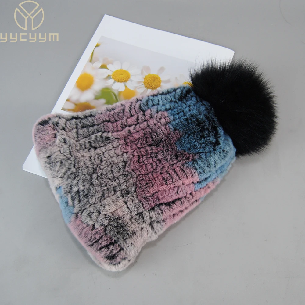 

Real Fur Beanies Hats Women Good Elastic 100% Natural Rex Rabbit Fur Cap Lady Winter Warm Knit Fur Hat With Fox Fur Pompoms Hats