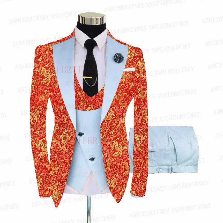 Red Floral Printed Suit Men 3 Pieces Gold Groom Wedding Suit Tuxedo Slim Fit Shiny Blazer Double Breasted Vest Pants Set