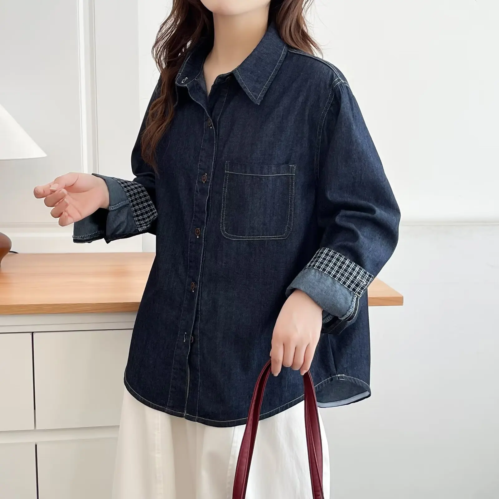 Fashion Plus Size Women's Blouses Autumn New Casual Plaid Patchwork Long Sleeve Denim Shirt Casual Top 9678