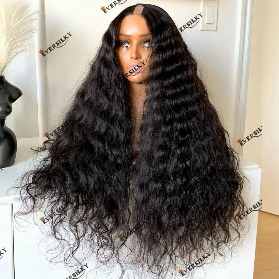 Remy Human Hair Deep Wave U/V Part Wig Black Women Machine Made