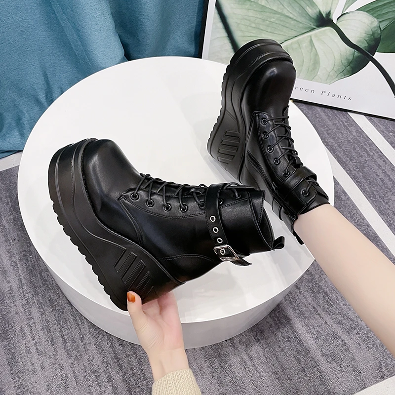 2023 Shoes for Female Side Zip Belt Buckle Women's Ankle Boots Wedge Heel Women's Shoes High Platform Plus Size Ladies Boots