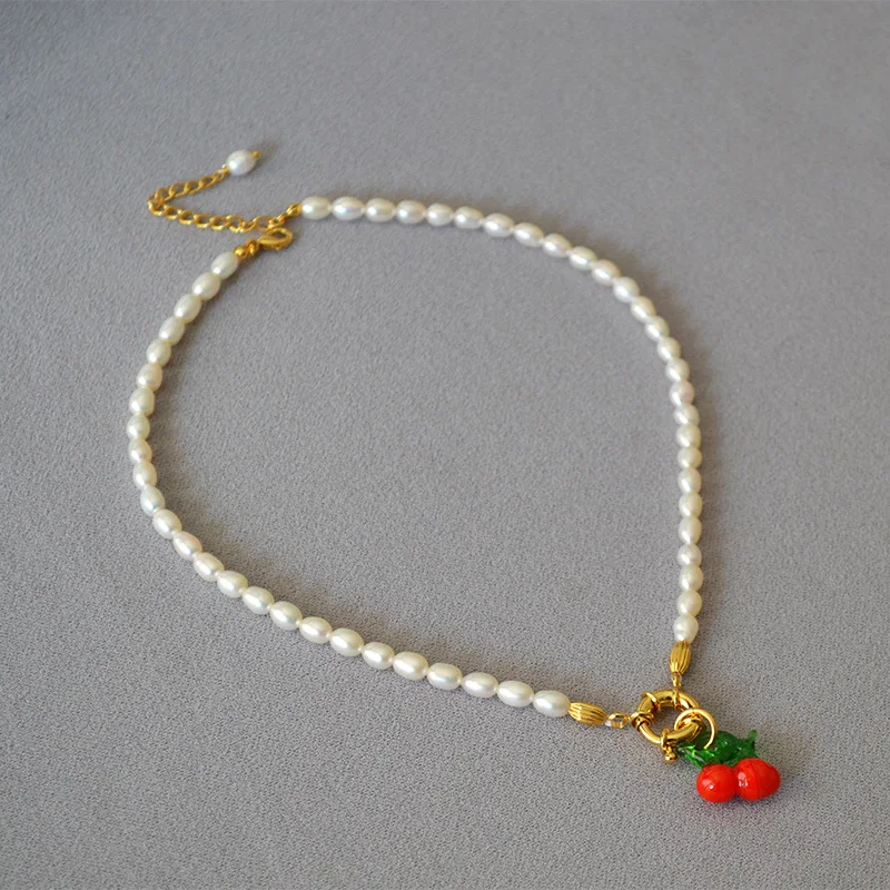 

Fresh water pearl sweet cool cherry pendant niche design short necklace clavicle chain female