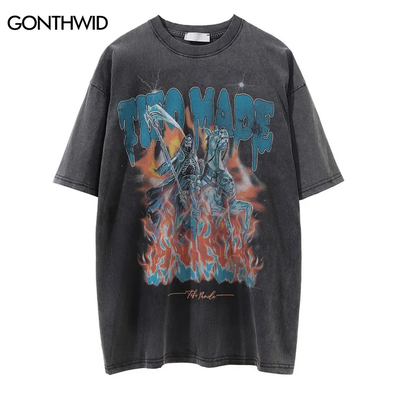 

Distressed Gothic T-Shirt Streetwear Hip Hop Skull Horse Riding Flame Print Punk Rock Tshirt 2023 Harajuku Summer Casual T Shirt