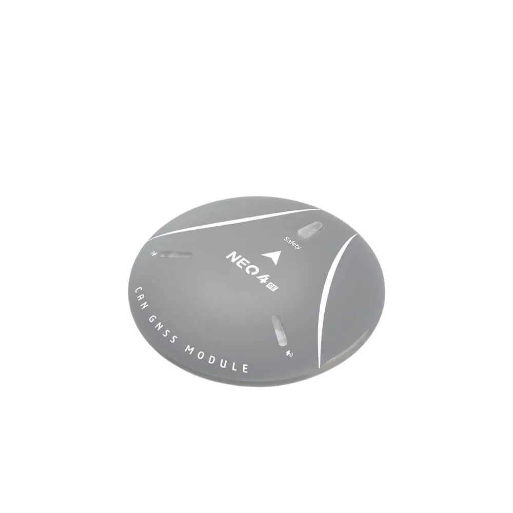Gros plan sur le module GPS NEO 4 SE avec boussole et DroneCAN pour drone, étiquettes et puces identifiables.