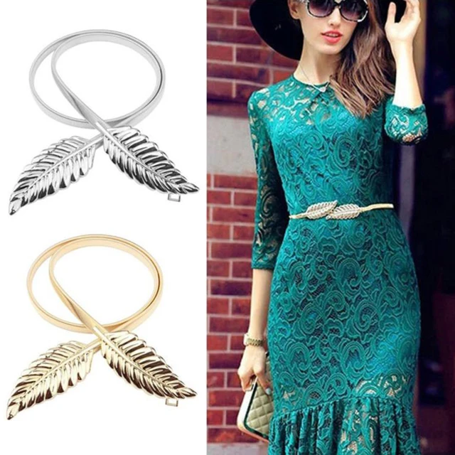 New Leaf Gold Metal Women Belt Fashion Dress Waist Elastic Belt