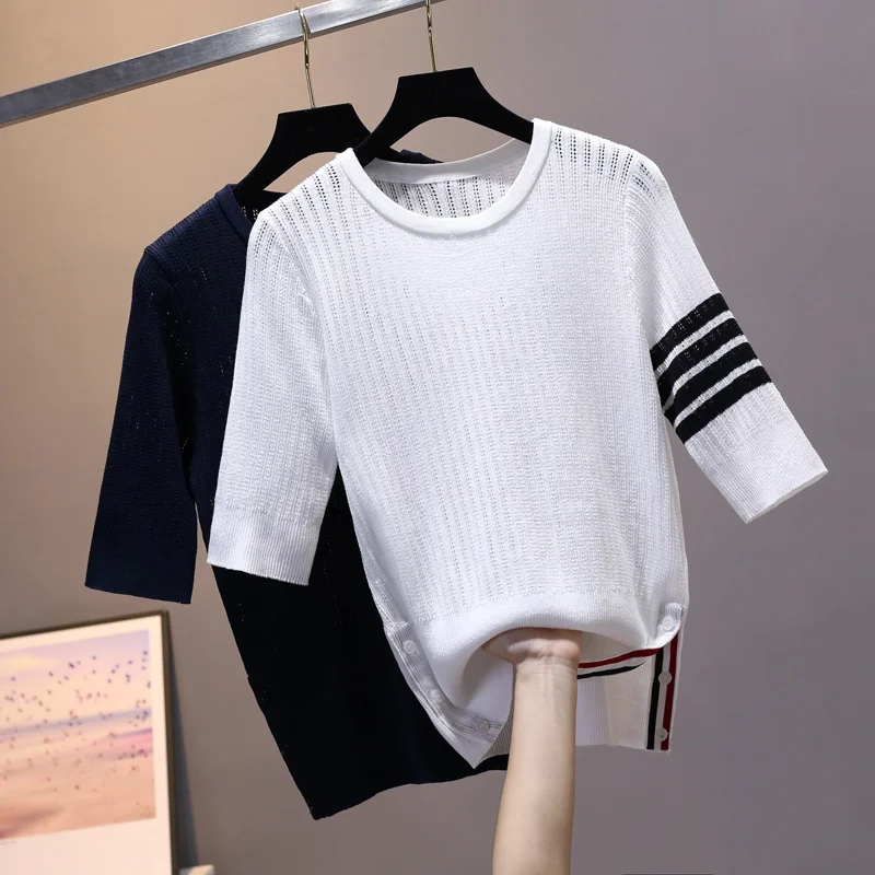 

tb knitted short-sleeved women's summer ice silk round neck striped white T-shirt short college style bottoming top thin