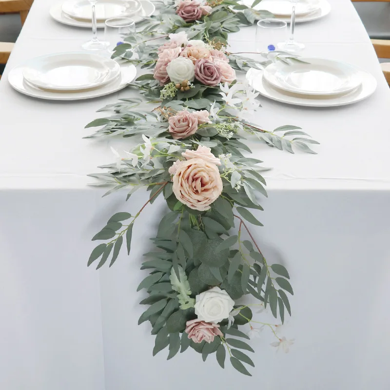 Yannew 1.8M Ghirlanda da tavolo artificiale Verde con fiori Ghirlanda floreale per matrimonio di campagna per decorazioni centrotavola runner da tavolo  15