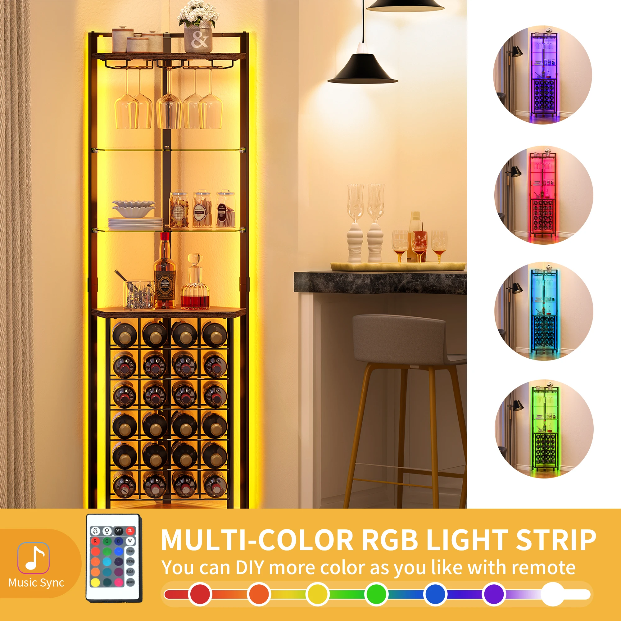 4-Tier Corner LED Wine Rack with Glass Holder & Shelves Industrial Bar Cabinet