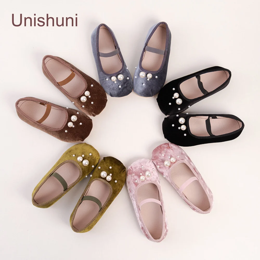 Unishuni Retro Velvet Pearl Mary Jane Shoes for Girl Children Slip-On Soft Flats Princess Cute Genuine Leather Lined Ballet Shoe