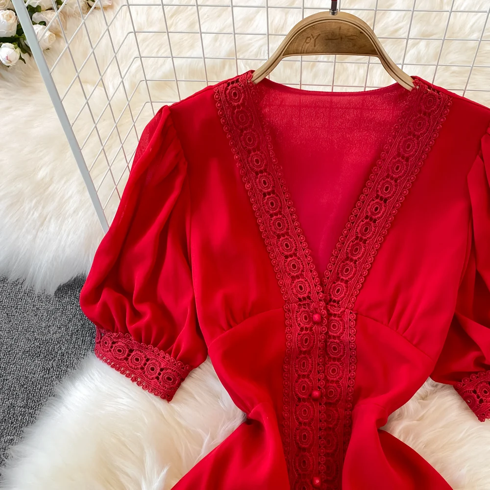 New Women Vintage Party Dress Summer Puff Sleeve Sexy V Neck Lace Single-breasted Long Dresses Ladies A Line Elegant Long Robe